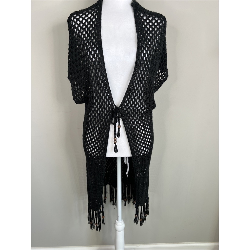 Artesia Crochet Cardigan Open Knit Cover-up Beaded Sweater‎ Black Duster XL Boho